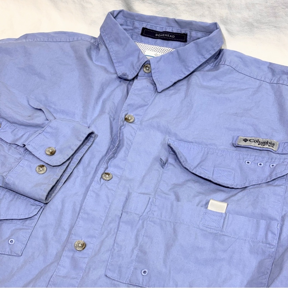 Columbia PFG Bonehead Shirt Mens Large Blue Long Sleeve Vented Fishing Pockets